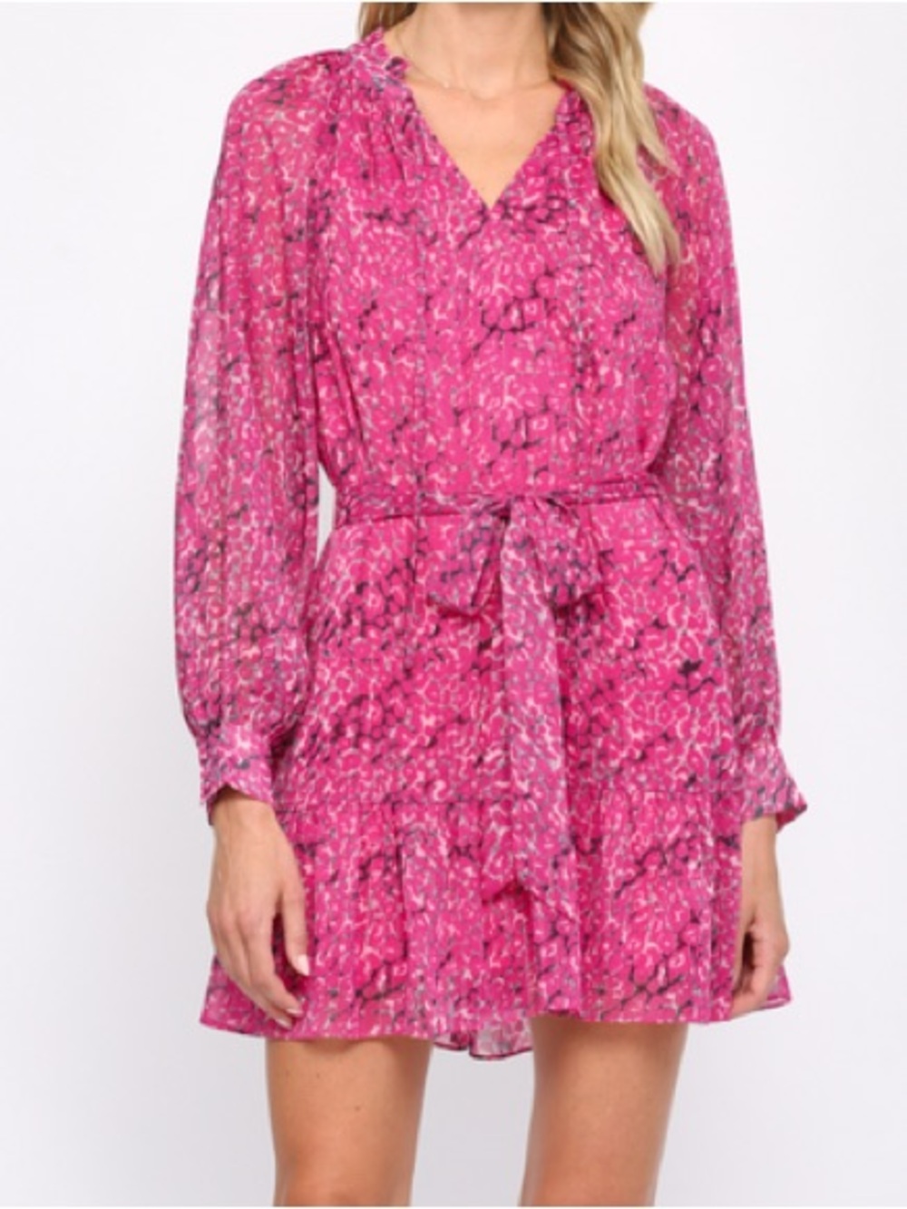 NEW Fate Hot Pink Animal Print Dress Women L Ruffle Tie Waist Chiffon Mini